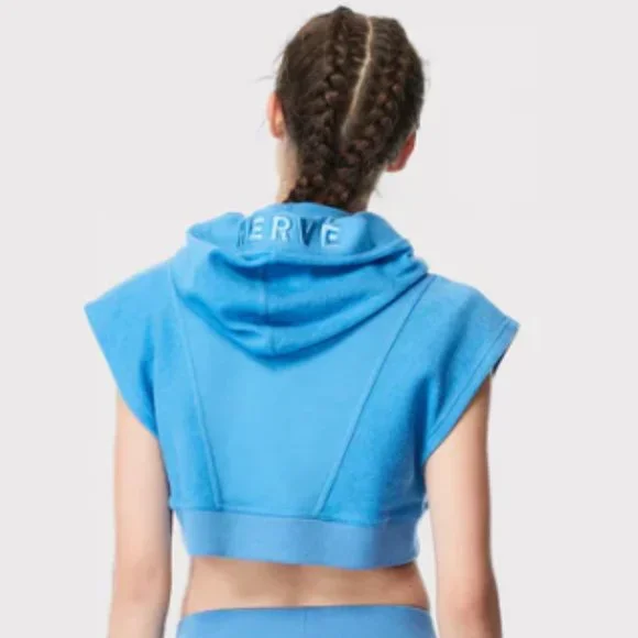 Hervé by Hervé Léger Cropped Paneled Hooded Sweatshirt in Blue Size Small - Picture 4 of 16